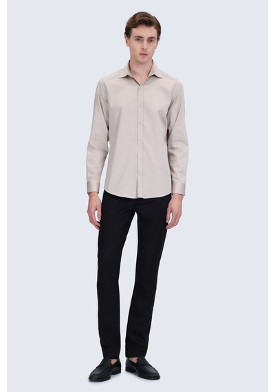 Hatemoğlu Bej Slim Fit Açık İtalyan Yaka 100% Pamuk Uzun Kollu Spor Gömlek