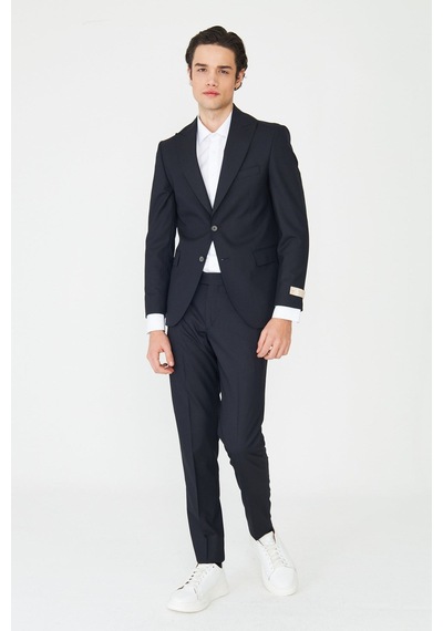 Lacivert İnce Çizgili Modern Slim Fit Klasik Yaka Takım Elbise Desenli