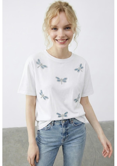 Shade Kadın Boncuk Taş İşlemeli Yusufçuk Desenli Rahat Kalıp T-shirt 2212 60283971 - Beyaz Shade Kadın Boncuk Taş İşlemeli Yusufçuk Desenli Rahat Kalıp T-shirt 2212 60283971 - Beyaz
