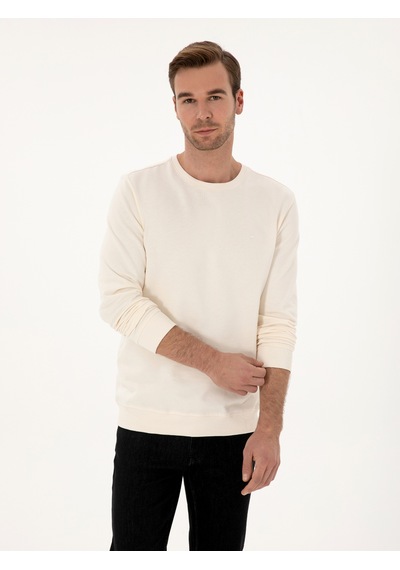 Ekru Regular Fit %100 Pamuk 3 İplik Bisiklet Yaka Sweatshirt Bej