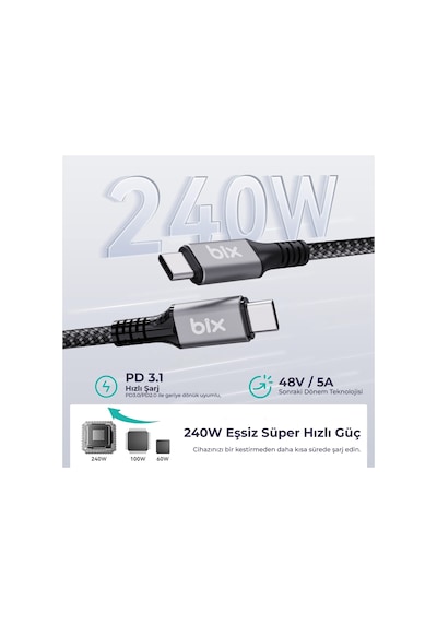 Bix BXCC242 USB4 240W 40Gbps 8K UHD Şarj Görüntü Kablosu 1 Metre