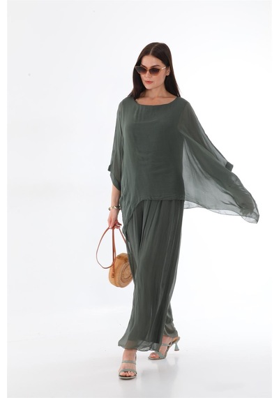 Bohem Stil İtalyan Yarasa Kol İpek Bluz & Pantolon Takım-8767 Koyu Haki