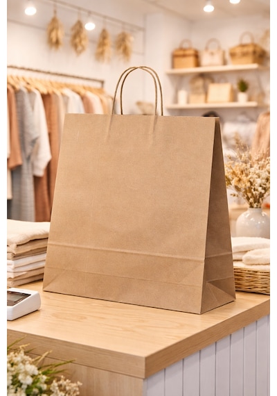 Burgu Saplı Kraft Çanta Kağıt Poşet Butik Mağaza Hediye Tatlı Torbası 33x18x42 Cm 50li