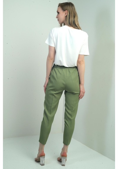 By Saygı Kadın Beli Lastikli Yandan Cepli Havuç Paça Pantolon-40784 Yeşil
