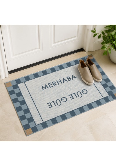 Kartela Halı Merhaba Güle Güle Damalı Kapı Paspası Mavi Kaymaz Kauçuk Taban Yıkanabilir 60x90 Cm