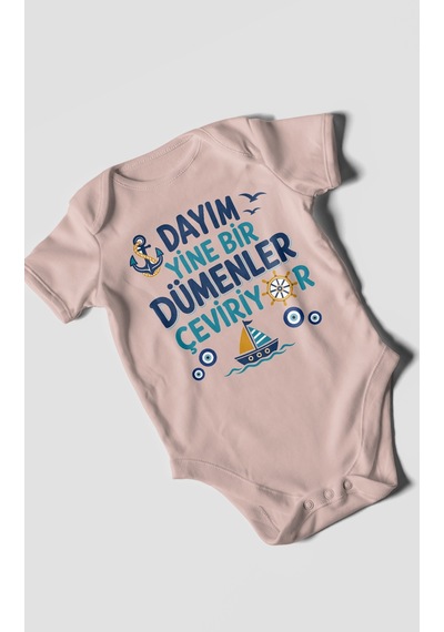 Morivokids Dayım Yine Bir Dümenler Çeviriyor Kısa Kollu Bebek Body %100 Pamuk Pastel Pembe