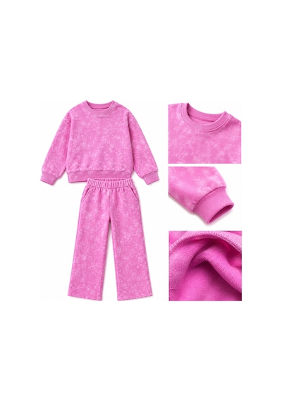 Luess Kız Çocuk Pembe Batik Yıkamalı Sweatshirt Boru Paça Eşofman Altı 2'li Takım
