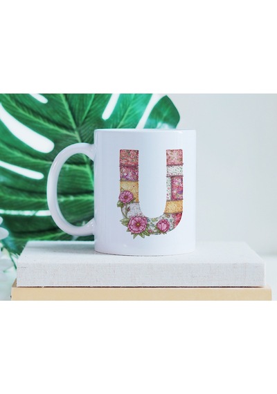 U Harfli Retro Çiçekli Kupa Bardak - Patchwork Tarz Yamalı Desenli İsme Özel Kupa - Hediye 07 Beyaz