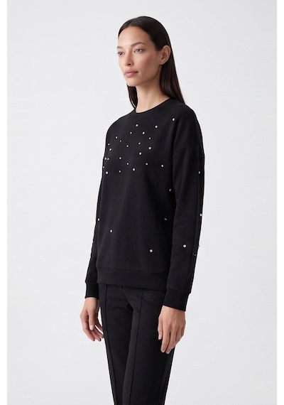 Fashion Friends Baskılı Taş Detaylı Siyah Kadın Sweatshirt 26k0151k1