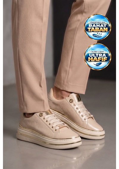 Ayakmod Bej Cilt Kalın Rahat Tabanlı Bağcıklı Kadın Casual Yürüyüş Ayakkabı Sneaker 431173