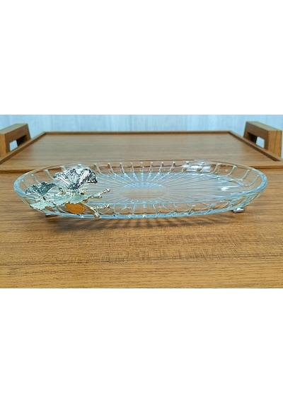 Elta Collection Lüx Hediyelik Metal Ayaklı Gümüş Oval Kelebekli Sunumluk Kurabiyelik - Yeni Serisi Gümüş Oval Düz Mini