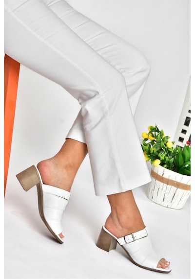 Fox Shoes P555450903 Beyaz Hakiki Deri Kalın Topuklu Günlük Kadın Terlik