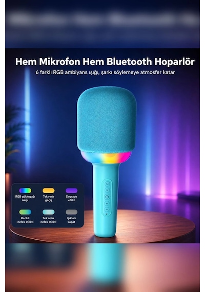 Exenar - Mavi - Kablosuz Bluetooth Karaoke Mikrofonu 5w Rgb Işıklı Taşınabilir Kablosuz Mikrofon Şarjlı 1200 Mah
