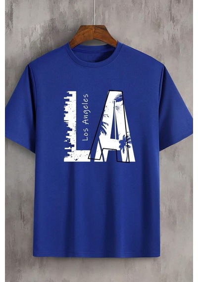 Unisex Los Angles Baskılı Tasarım Tshirt Mavi