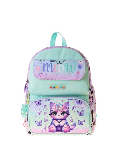 Kaukko Kids Kız Çocuk Mor Kedi Desenli Okul Çantası - Yeşil - Mor - Meow - L5288 Çok Renkli
