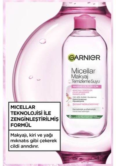 Garnier Micellar Makyaj Temizleme Suyu 400ml, 24 Saat Nemlendirme, Hassas Ciltler İçin