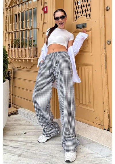 Madmext Siyah Beli Ayarlanabilir Ekoseli Bol Paça Kadın Pantolon Mg2335 Siyah