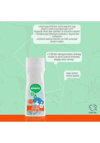 Siveno %100 Doğal Duş Sabunu Portakal Kokulu Canlandırıcı Duş Jeli 6 Değerli Bitki Vegan 300 ML