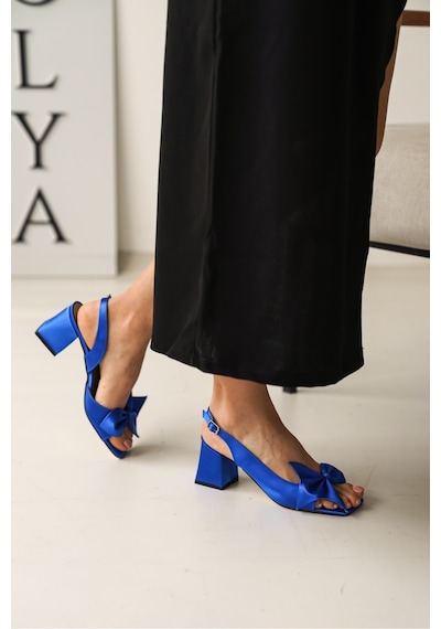 Divolya Ribbo Saks Mavi Saten Fiyonklu 6cm Topuklu Sandalet Saks Mavi