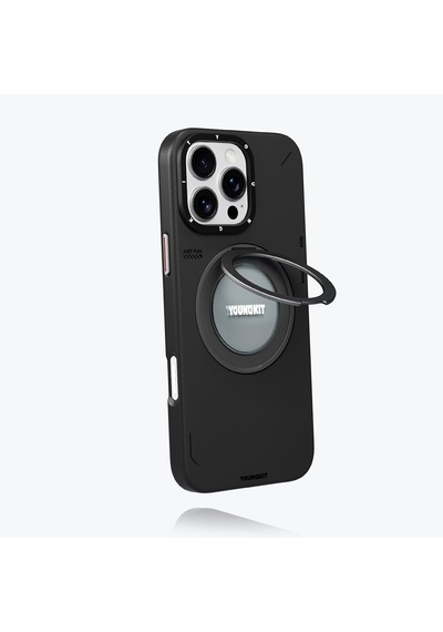 Apple Uyumlu iPhone 16 Pro Kılıf Magsafe Özellikli 360 Standlı Deri Desenli Youngkit Tech Leather Serisi Siyah
