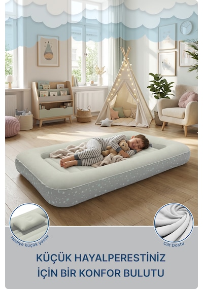 Livenzi Nature Çocuk Şişme Yatak & Yastık + Manuel Şişirme Pompası 160 105 24 Cm Bej