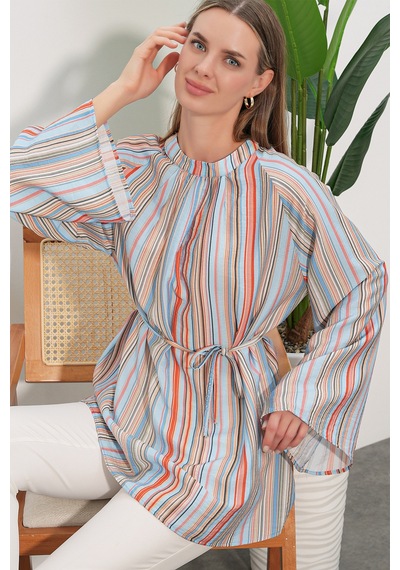 Bigdart Kadın Çizgili Bağcıklı Oversize Tunik 50009 - Mavi
