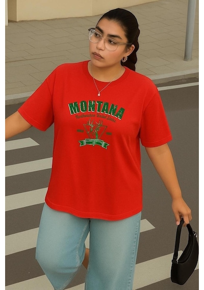 Büyük Beden Montana Baskılı Unisex Tişört Kırmızı