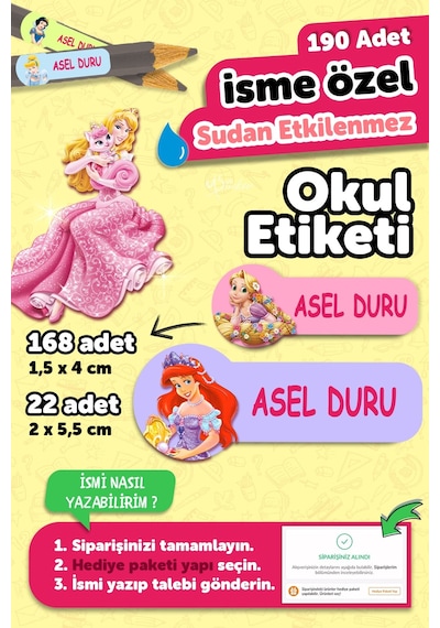 Okul Etiketi Kalem Defter İsimli Etiket Isim Yazılabilen Prenses Temalı - 190 Adet Özel Tasarım Çok Renkli