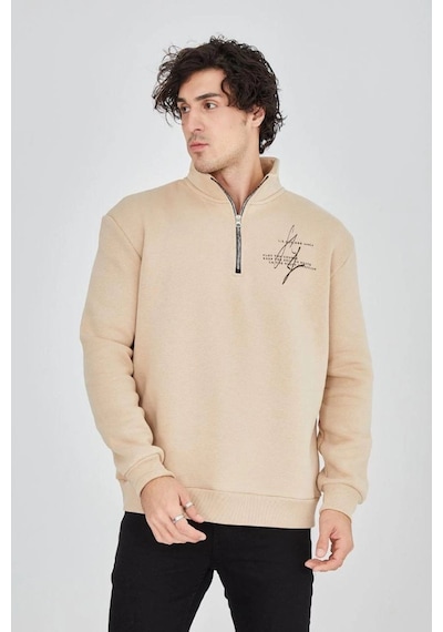 Erkek Yarım Fermuarlı Baskılı 3 İplik Pamuklu Sweatshirt - Bej