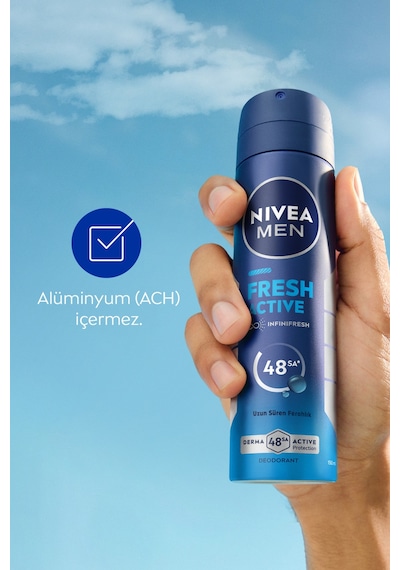 Men Erkek Sprey Deodorant Fresh Active 150ml, Ter Kokusuna Karşı 48 Saat Koruma, Aluminyum İçermez