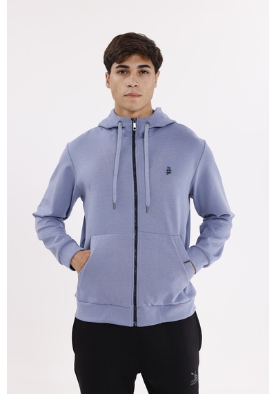 Rowinger Metal Uçlu Kordonlu Tam Fermuarlı Bölmeli Ön Cepli Küçük Nakış Logolu Rahat Kalıp Mevsimlik Kapüşonlu Sweatshirt Lightblue