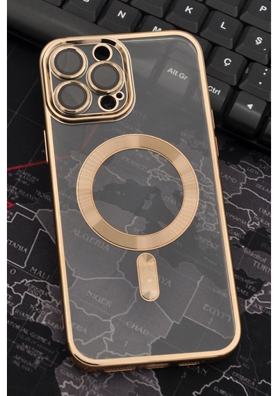 Apple Uyumlu iPhone 13 Pro Max Magsafe Özellikli Altın Sarı Gold Renkli Kenarlı Lazerli Şeffaf Kılıf Lens Korumalı