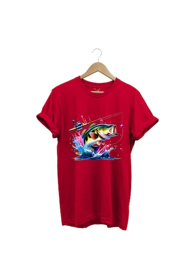Fishing Balıkçılık Renkli Levrek Balığı Baskılı Avcılık %100 Pamuk Regular Fit Unisex T-shirt Kırmızı