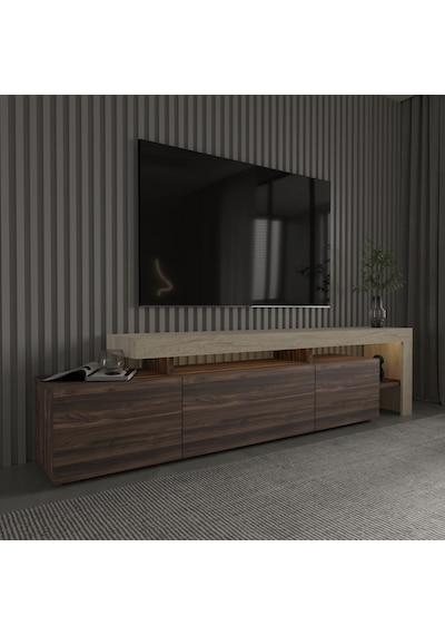 Beliz Modern Led Işıklı 3 Kapaklı, Raflı Tv Sehpası 192 Cm Traverten/ceviz