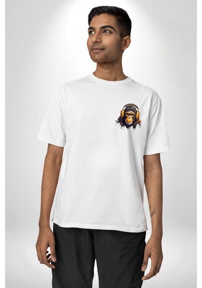 Kulaklık Ayı Panda Beyaz Oversize Unisex Ön Ve Sırt Baskılı Tişört Beyaz