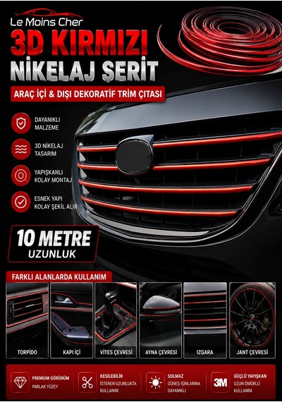 3d Kırmızı Nikelaj Şerit 10 Metre Torpido Trim Çıtası