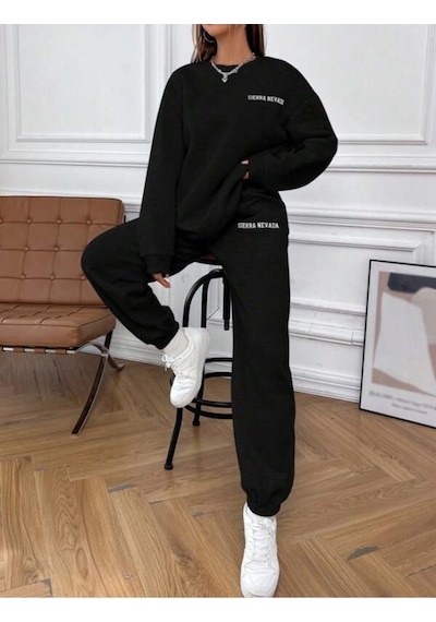Siyah Sierra Baskılı Kapüşonlu Sweatshirt Ve Eşofman Altı Eşofman Takımı Siyah Siyah Sierra Baskılı Kapüşonlu Sweatshirt Ve Eşofman Altı Eşofman Takımı Siyah