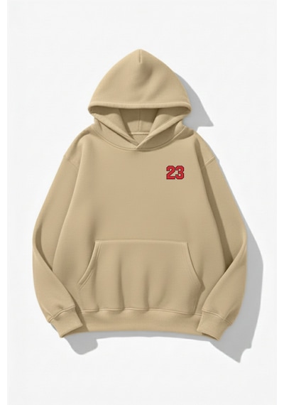 Uyguntarz Unisex Yumuşak Dokulu Kalbin İzi Baskılı Tasarım Oversize 3 İplik Hoodie Sweatshirt Bej