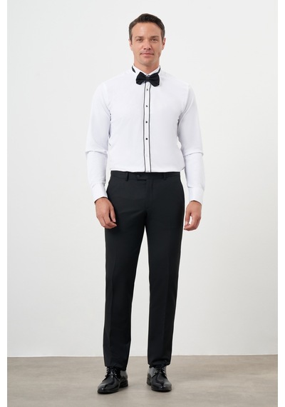 Morven Erkek Siyah Biyeli Düz Desen Ata Yaka Slim Fit Gömlek Siyah
