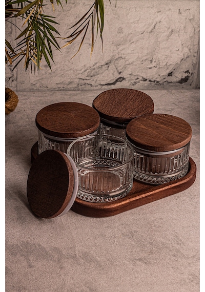 Bella 8'li Kare Tepsili Ahşap Vakumlu Kapaklı Cam Kahvaltılık Çok Amaçlı Cam Çerezlik 235 ml