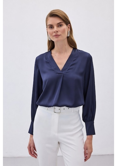 Sateen V Yaka Saten Bluz - Lacivert-136503 Lacivert