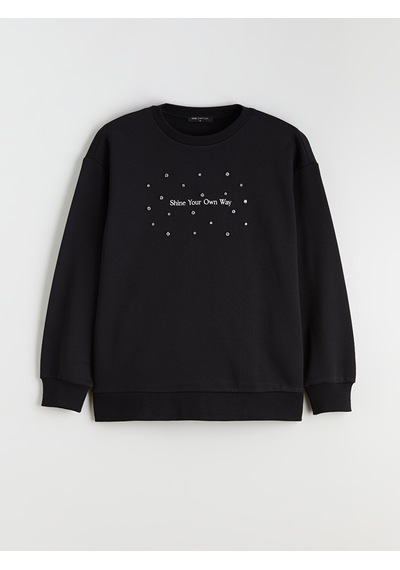 Lcwaıkıkı Maternity Siyah Bisiklet Yaka Taşlı Kadın Kalın Sweatshirt