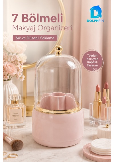 7 Bölmeli Kapaklı Makyaj Organizeri Fırça Ruj Kozmetik Düzenleyici Pembe