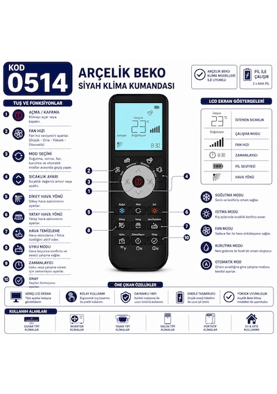 Arçelik Beko 0514 Siyah Klima Kumandası Lcd Ekranlı Isıtma Soğutma Fan Mod Zamanlayıcı Yedek Kumanda