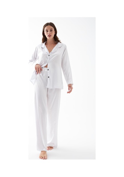 Akbeniz Kadın Beyaz Oversize Saten Pijama Takımı