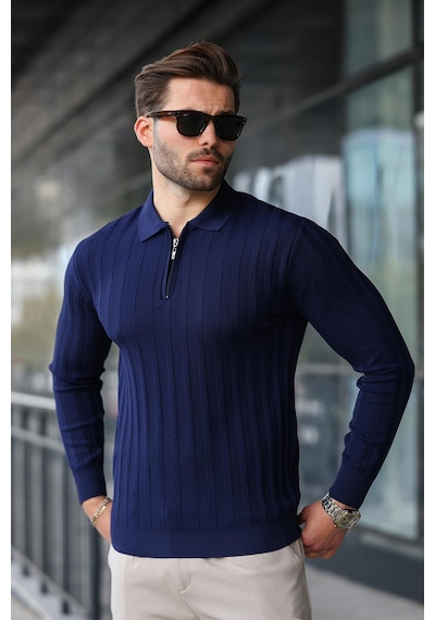 Madmext Lacivert Yarım Fermuarlı Polo Yaka Triko Kazak E7426 Lacivert