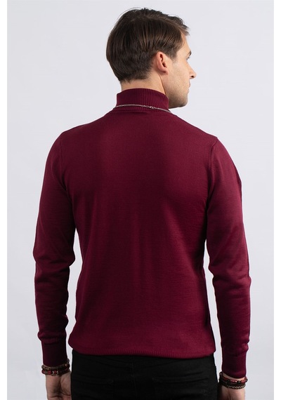 Tudors Slim Fit Dar Kesim Tam Boğazlı Yaka Düz Yün Erkek Kazak-23920 Bordo