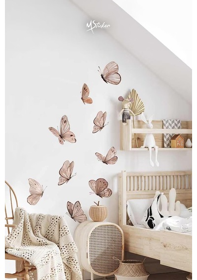 Soft Kahve Tonlarda Kelebekler Çocuk Bebek Odası Salon Duvar Cam Dolap Sticker Seti