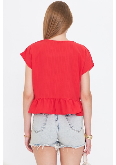 Armonika Kadın Açık Kırmızı Yarasa Kol Yakası Bağlamalı Eteği Fırfırlı Oversize Crop Bluz Arm-24y001088 Armonika Kadın Açık Kırmızı Yarasa Kol Yakası Bağlamalı Eteği Fırfırlı Oversize Crop Bluz Arm-24y001088