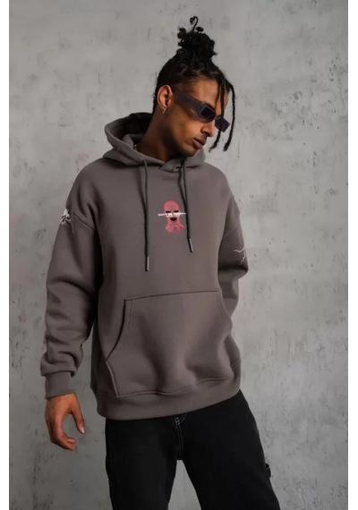 Veraura Lifestyle Erkek Maske Baskılı Kapüşonlu Sweat - Gri